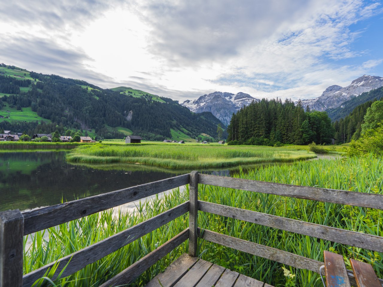 Das Lenkerseeli von einem Holzsteg aus. Aussicht auf den Talabschluss der Lenk mit grüner Wiese und bewölktem Himmel